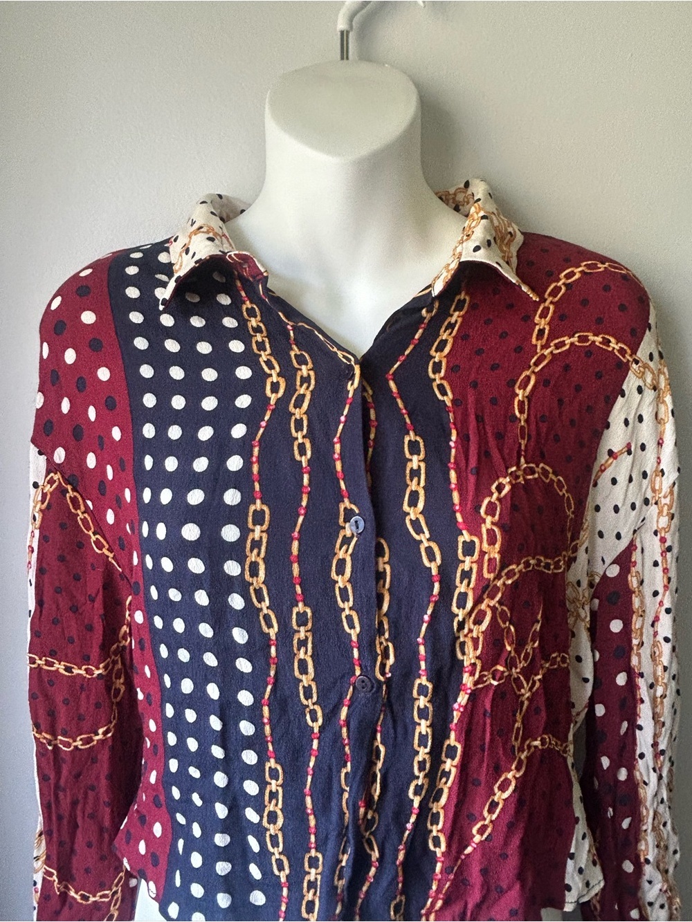 Mixed Print Button-Down Blouse in Burgundy, Navy & White - Picture 6 of 10
